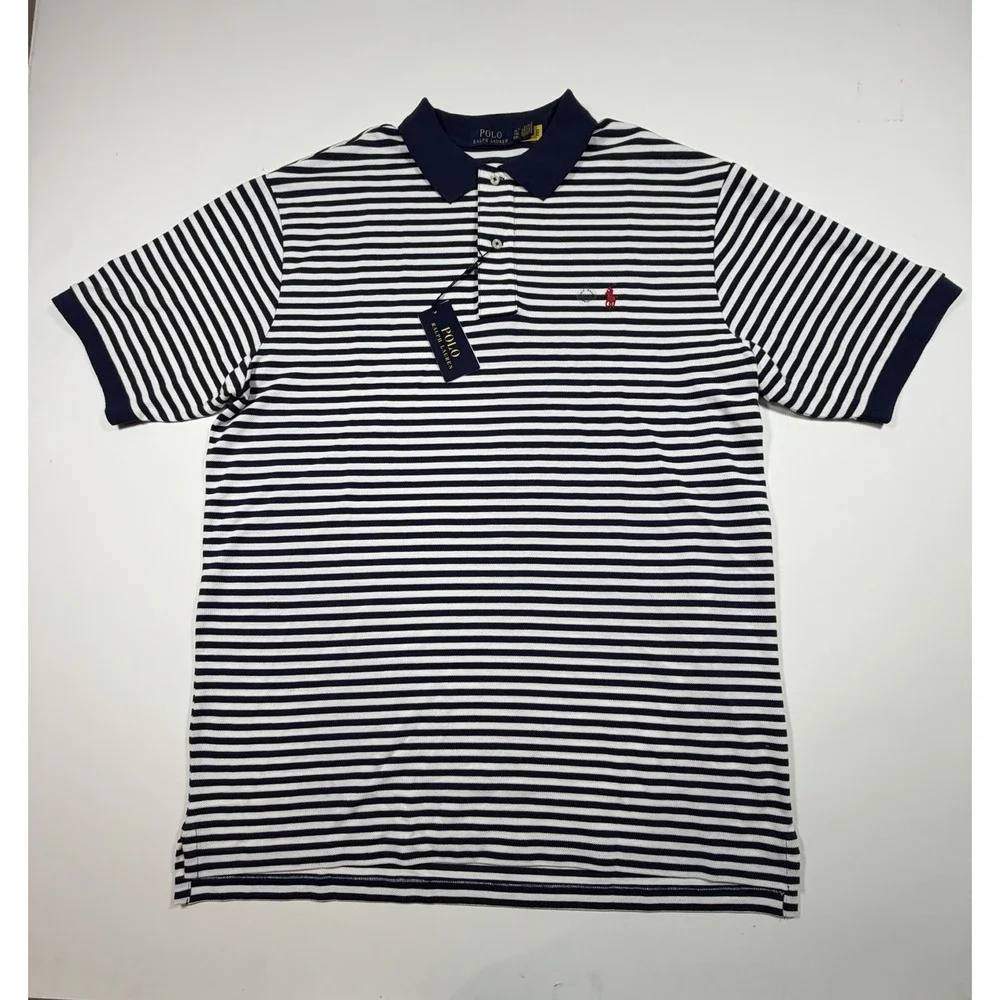 Polo Ralph Lauren Men's Size XLT White Navy Striped Short Sleeve Polo Shirt NWT